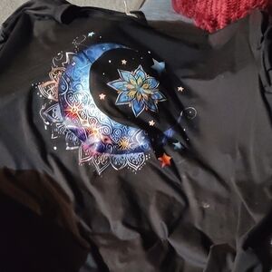 Celestial Moon & Mandala Graphic Tee - Black with Blue Accent